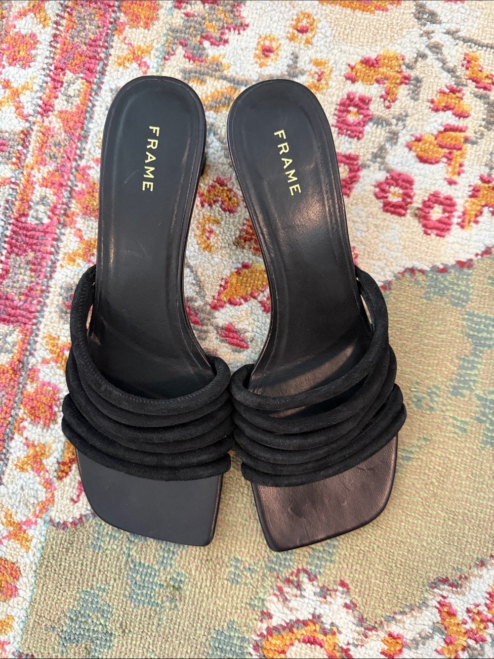 Frame Denim Black Ruched Strap Square-Toe Slide Mules